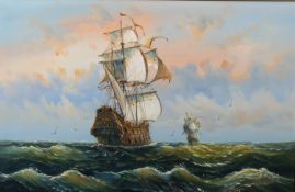 F. Daniels (British, 20th Century - Galleons at sea - Oil on canvas - 59.5 x 90.5cm, 77 x 107.