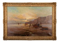 Frank Hider (British 1861-1933) - Beached fishing boats drying nets with others at sea beyond - Oil