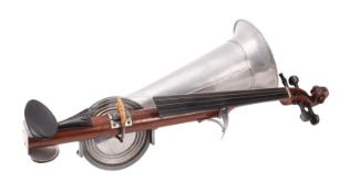 An early 20th Century Stroh Violin. Having a wooden body and neck with tin amplifier, 61cm long.