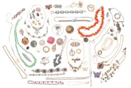 A small parcel of various of costume jewellery to include a silver and enamel bracelet.
