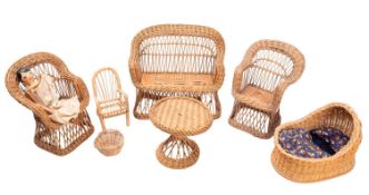 A suite of wicker dolls house furniture, comprising a two set settee and matching chairs,