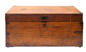 A late 19th/early 20th Century teak and brass bound seaman's trunk with brass bail and military