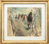 20th Century continental school - Horse racing scene - Oil on panel - 27 x 32cm, 42 x 46.