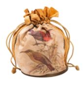 A Victorian silk embroidered draw string purse. With bird decoration on a circular base.