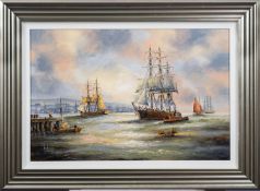 Ken Hammond, (British, b.1948) - Tall masted ship under tug - Oil on board - 49 x 74.