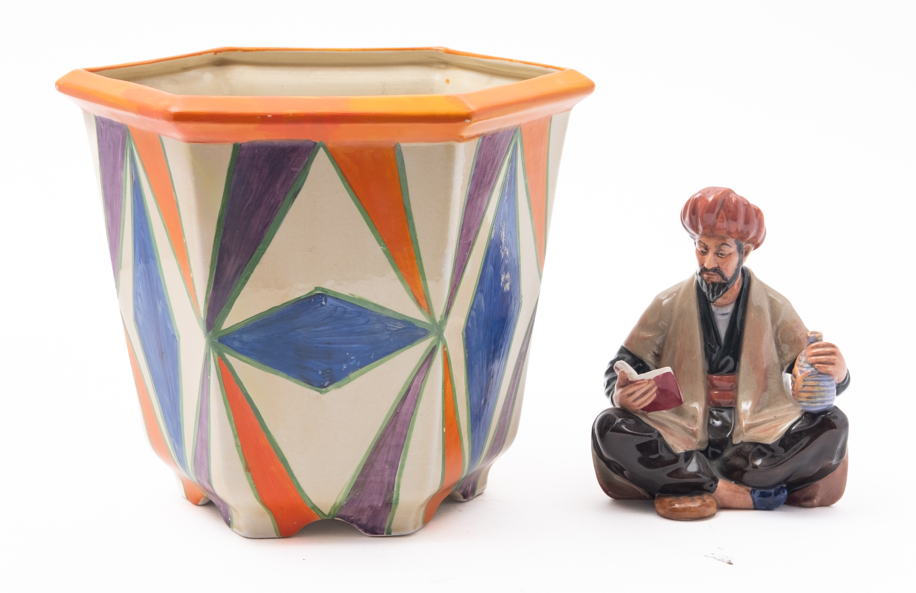 A Clarice Cliff Bizarre pattern jardiniere of hexagonal form, painted ...