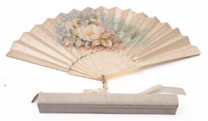 A cased bone fan, retailed by J.Duveller