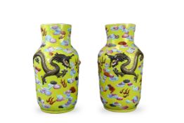 An Unusual Pair of Moulded Dragon Vases, 19th century,