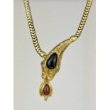 Antique Gold Cabochon Garnet and Diamond Snake Head Necklace