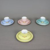 Vier Mokkagedecke mit monochromem Dekor - Fürstenberg, 20.Jh., Porzellan, diverse Pastelltöne: Blau