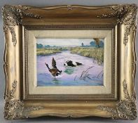 Porzellan-Bildplatte - KPM Berlin, Jagdhund auf Entenjagd, querrechteckige Porzellanplatte, auf der