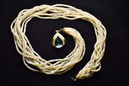 FRESHWATER PEARL MULTI STRAND NECKLACE WITH 18K YELLOW GOLD PENDANT/CLASP SET WITH DIAMONDS & TOPAZ 