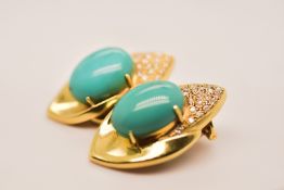 18K YELLOW GOLD DIAMOND & TURQUISE SET STUD EARRINGS 0.65CT 18.5G