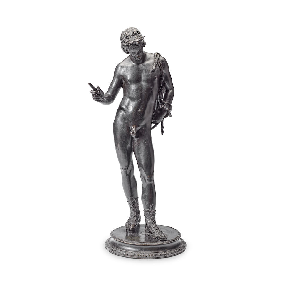 A late 19th century Italian patinated bronze figure of Narcissus After the antique, the cast by ...