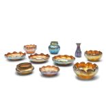 THREE TIFFANY STUDIOS GOLD FAVRILE FINGER BOWLS WITH UNDERTRAYS AND FOUR OTHER TIFFANY STUDIOS I...