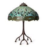MOSAIC GLASS DRAGONFLY TABLE LAMP c. 2000, shade and base with spurious Tiffany marks, glass, pa...
