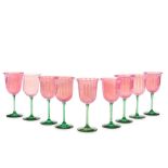 NINE ORIENTAL POPPY AND POMONA GREEN GLASS GOBLETS Corning, New York, c. 1925, unmarked, ht. 8, ...