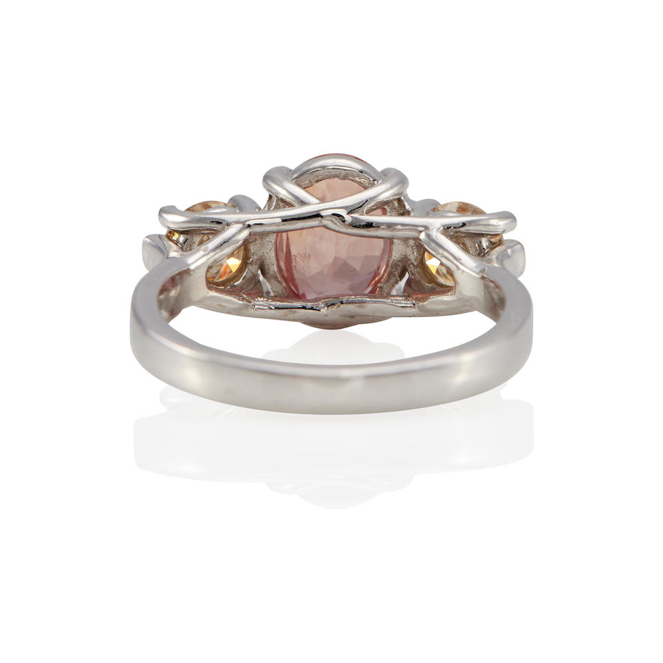 14K GOLD, ORANGE SAPPHIRE AND DIAMOND THREE STONE RING - Image 2 of 3