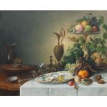 Jan Jacob Fels (Dutch, 1816-1883) Mixed fruit on a silver gilt tazza, oysters on a Chinese Imari...
