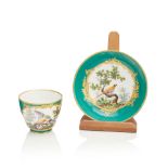 Francois-Joseph Aloncle, a Sèvres green ground cup and saucer Circa 1761, date letter I, pa...