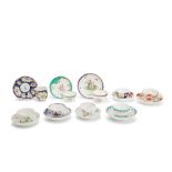 A collection of nine English porcelain cups and saucers Mostly Worcester, 18th century