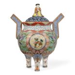 A JAPANESE GILT AND OVERGLAZE ENAMEL DECORATED KUTANI PORCELAIN LIDDED TRIPOD INCENSE BURNER 20t...