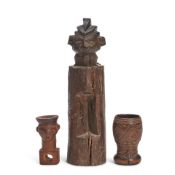 CARVED KUBA MORTAR, FIGURAL FINIAL, AND A LARGE FIGURAL COLUMN
