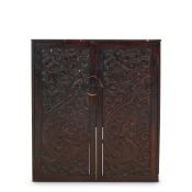 AN ASSEMBLED HARDWOOD CABINET WITH FOUR CARVED CHINESE PANELS 19th century,