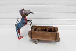 Ornamental Metal Dog Pushing a Wooden Planter.