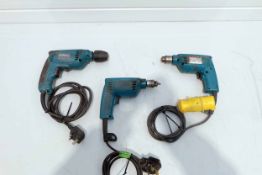 3 x Makita Small Hand Drills. Consisting of: 1 x 6.5mm Chuck, 110V. 1 x 6.5mm Chuck, 240V. 1 x 10mm