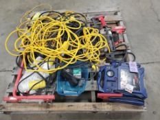 Pallet of assorted cords, jump pack, tools, etc.