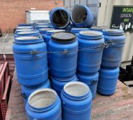 Lot of: Approximate (45) 16 Gallon Blue Plastic Barrels. With Lids and Clamps.