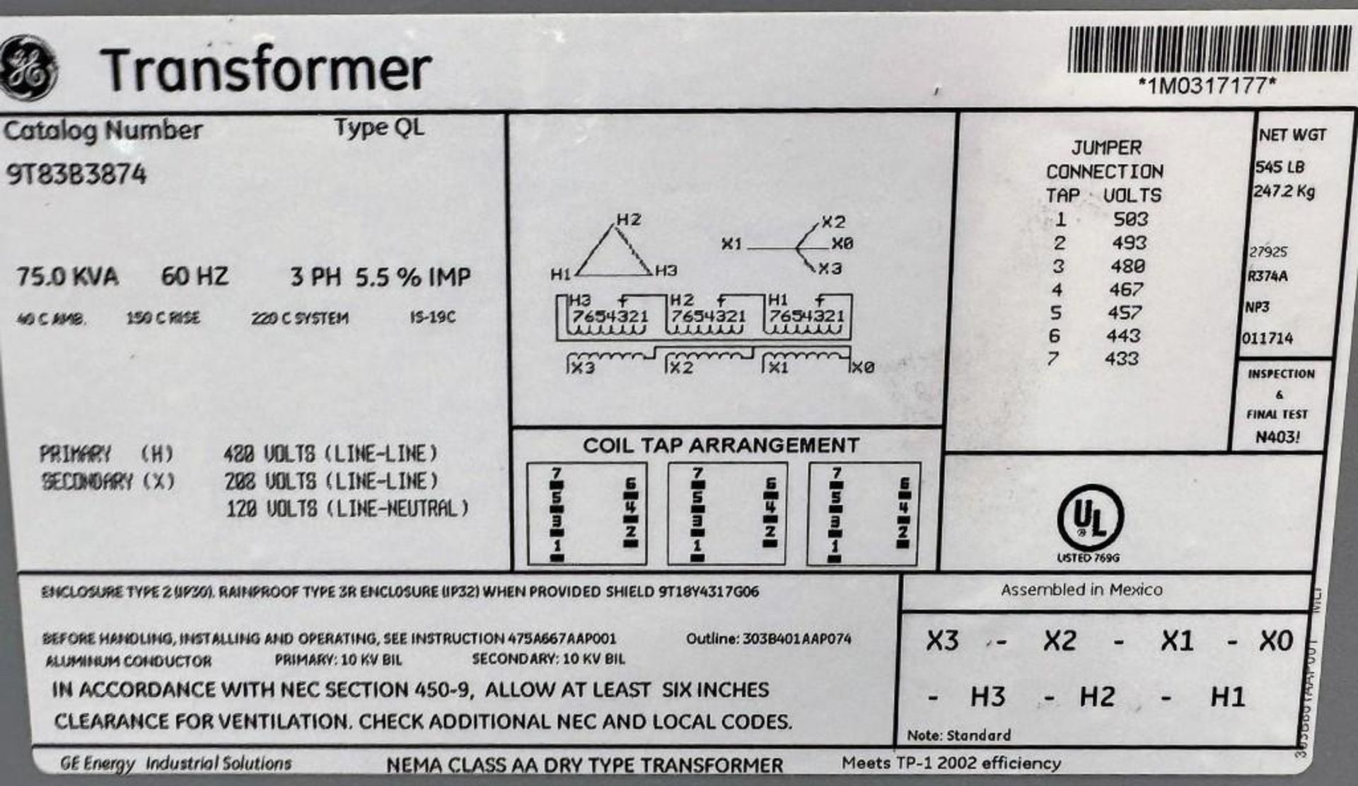 GE 75 KVA Transformer, Catalog# 9T83B3874.
