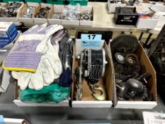 HAND WINCH, LEATHER GLUVES, ASSORTED WIRE BRUSHES