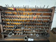 Large Assortment of Mills, Cutters, and Reamers With Wooden Stand