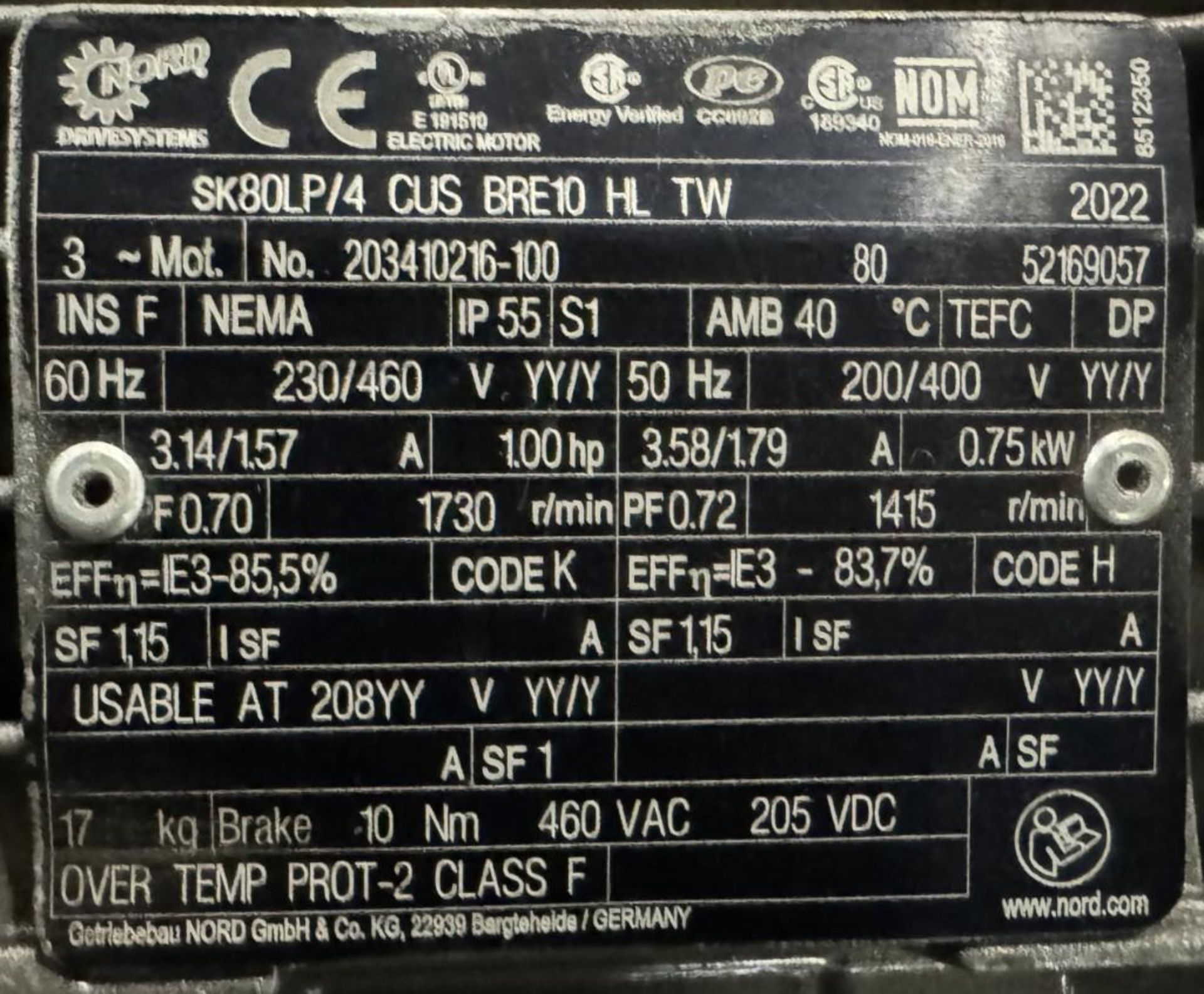 NORD #SK80LP/4 CUS BRE/10 HL TW Gear Motor - Image 7 of 7