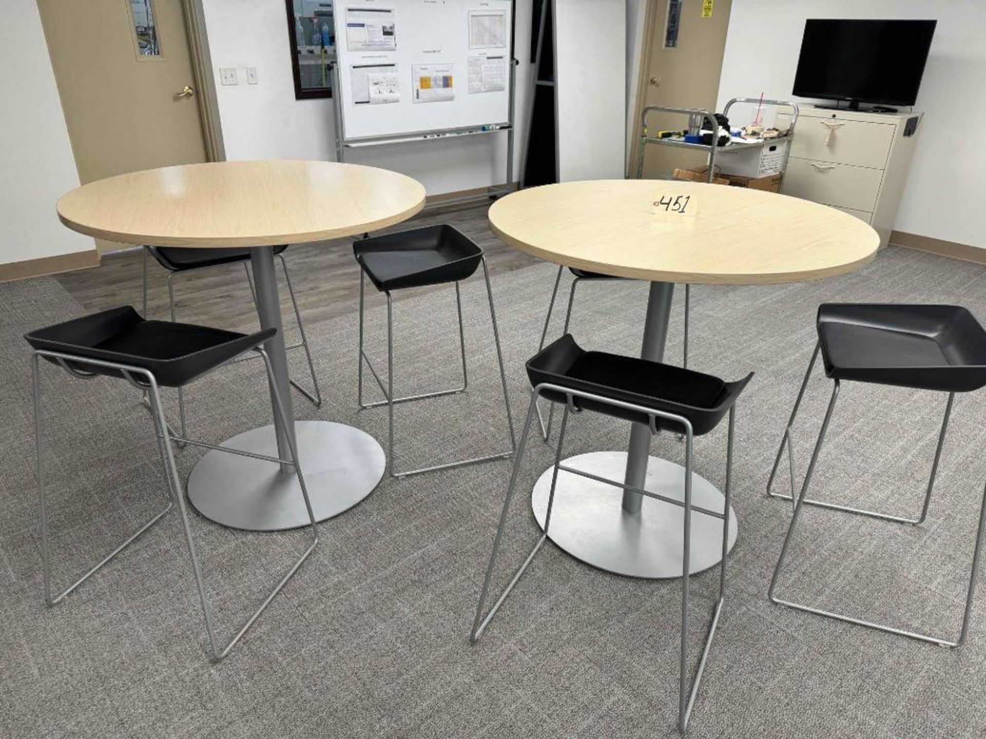 Triangular Steelcase Table Lot of (2) Steelcase Tables and Padded Stools 42