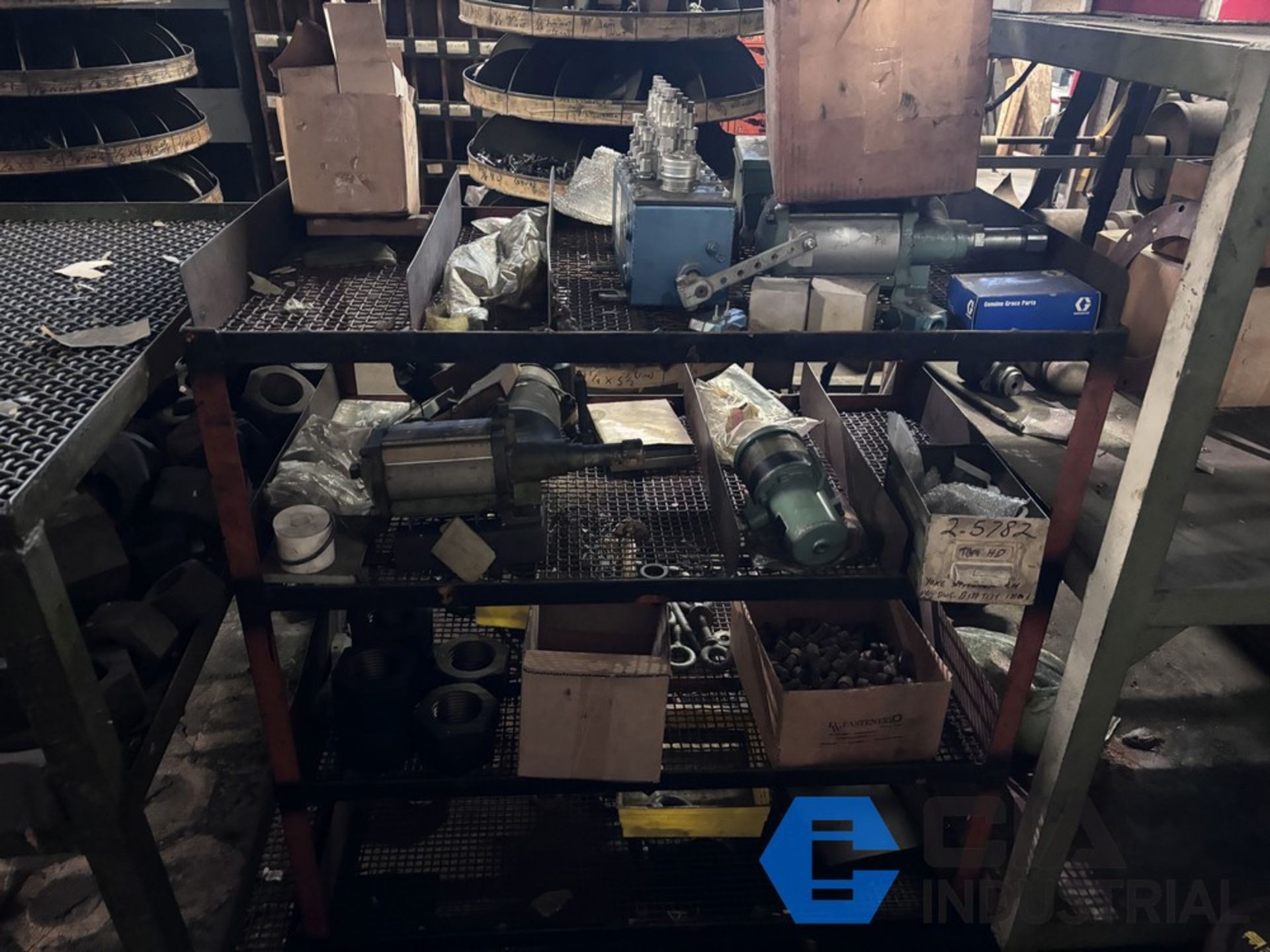 (LOT) MACHINE PARTS & HARDWARE ON (8) SECTIONS OF STEEL SHELVING ...