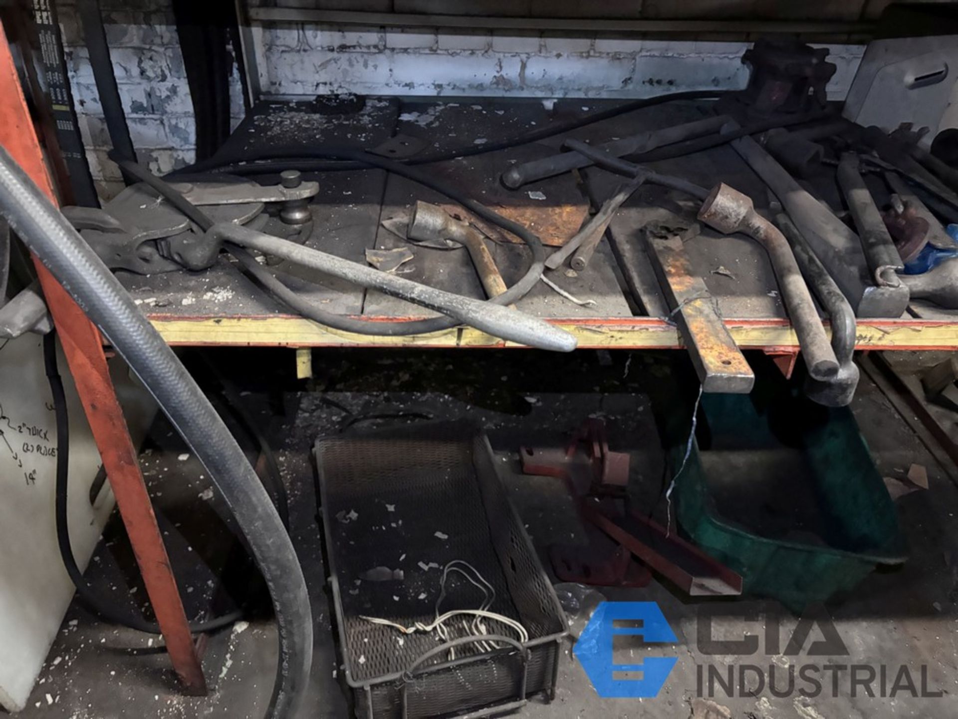 (LOT) MACHINE PARTS ON (6) SECTIONS OF SHELVING (SHELVING INCLUDED)