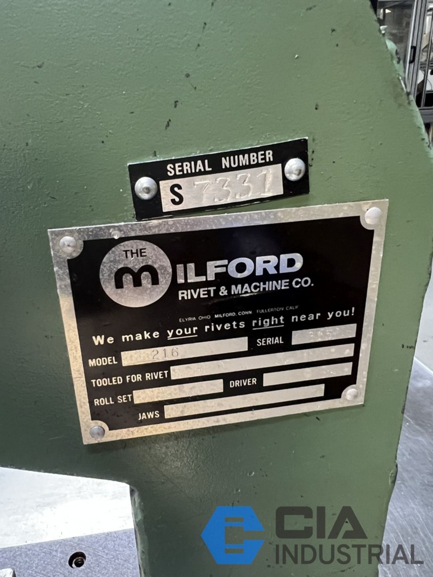 MILFORD RIVET MODEL 216 ARBOR PRESS; S/N 315