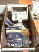 LOT OF SPRAYER TIPS, GUND REPAIR KIT, AND BOX OF NIPPLES
