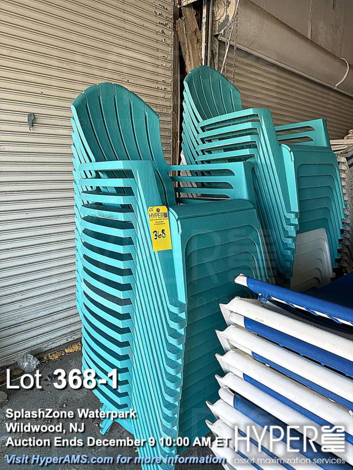 Lot of (55) Stackable Outdoor Plastic Adirondack Chairs, Turquoise, suitable for outdoor use, Dimens