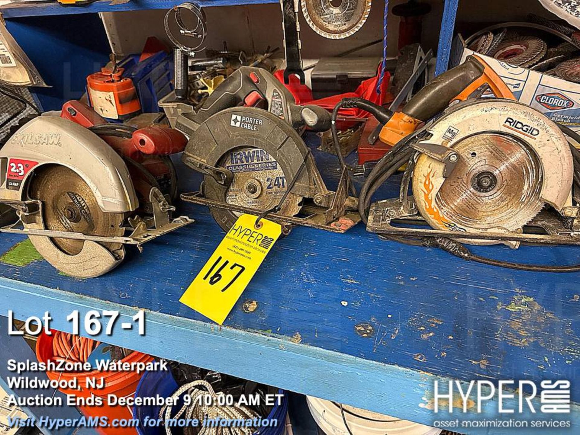 Lot saws: Skilsaw 5400 Circular Saw, Ridgid R3203, Porter-Cable (Cordless)