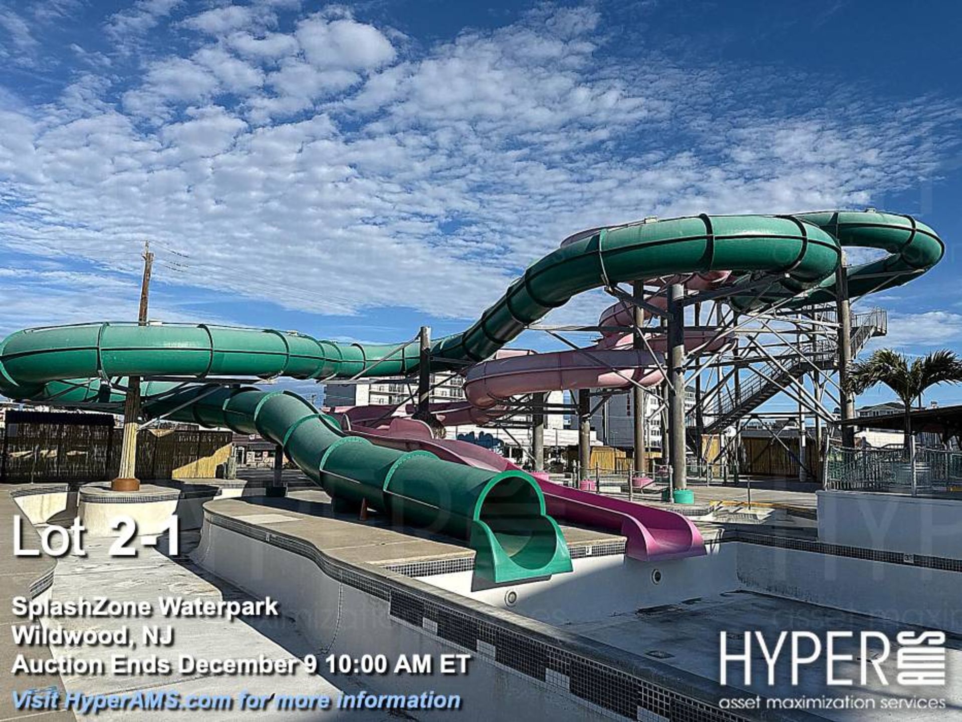 WhiteWater West Industries twin-slide attraction, complete. Overall slide height 40 feet, includes "