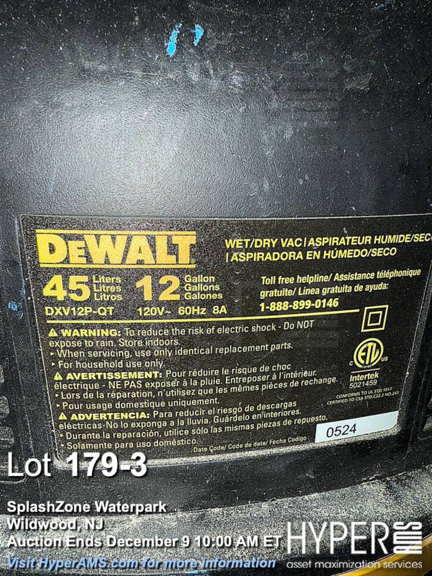 DeWalt DXV12P-QT Wet/Dry Vacuum, 12 Gallon, 120V, 8A, Serial #0524 - Image 3 of 3