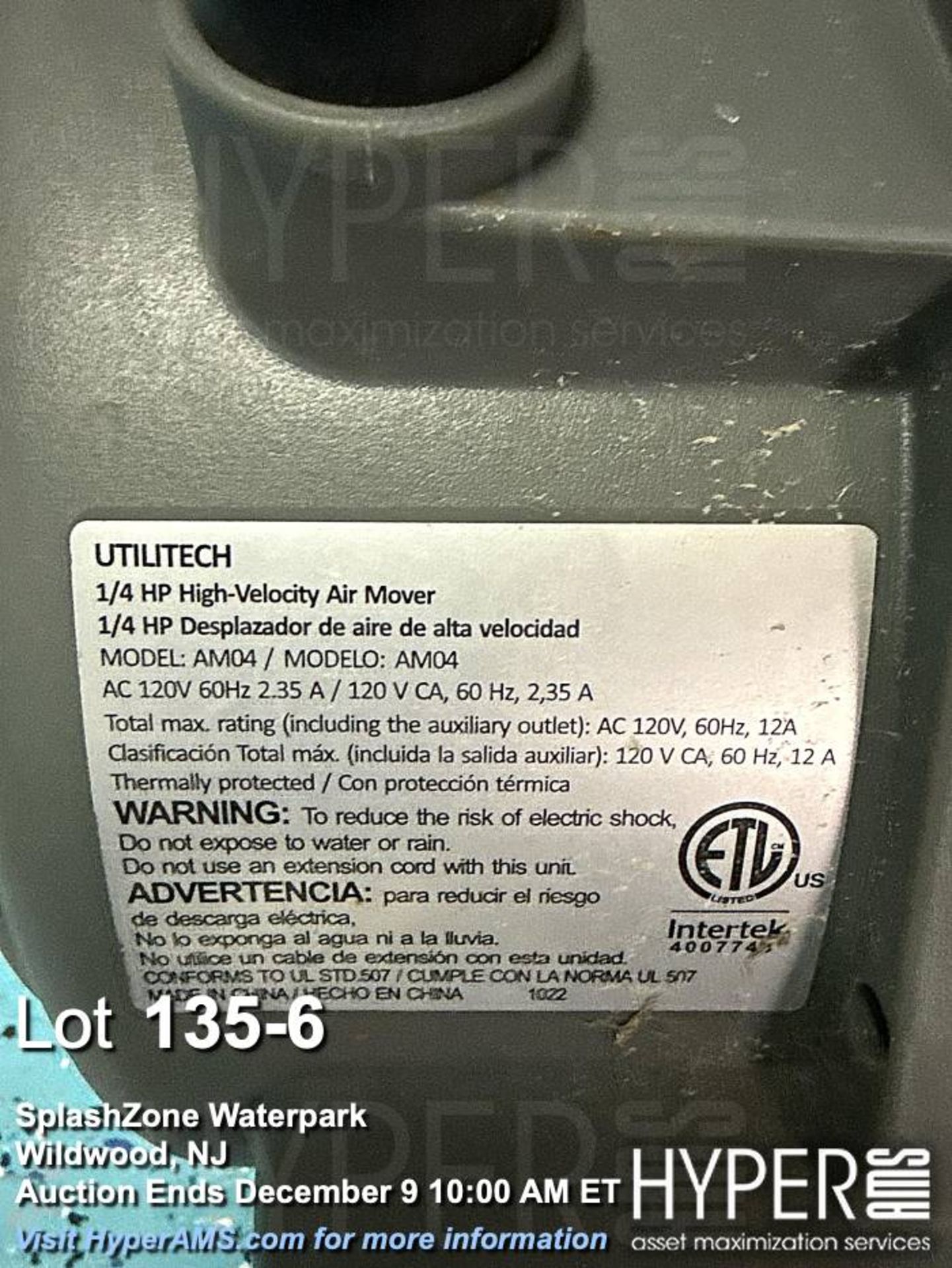 Lot of (4) Utilitech AM04, Shop-Vac AM425, Lasko USF610 Industrial Air Movers - Image 6 of 6