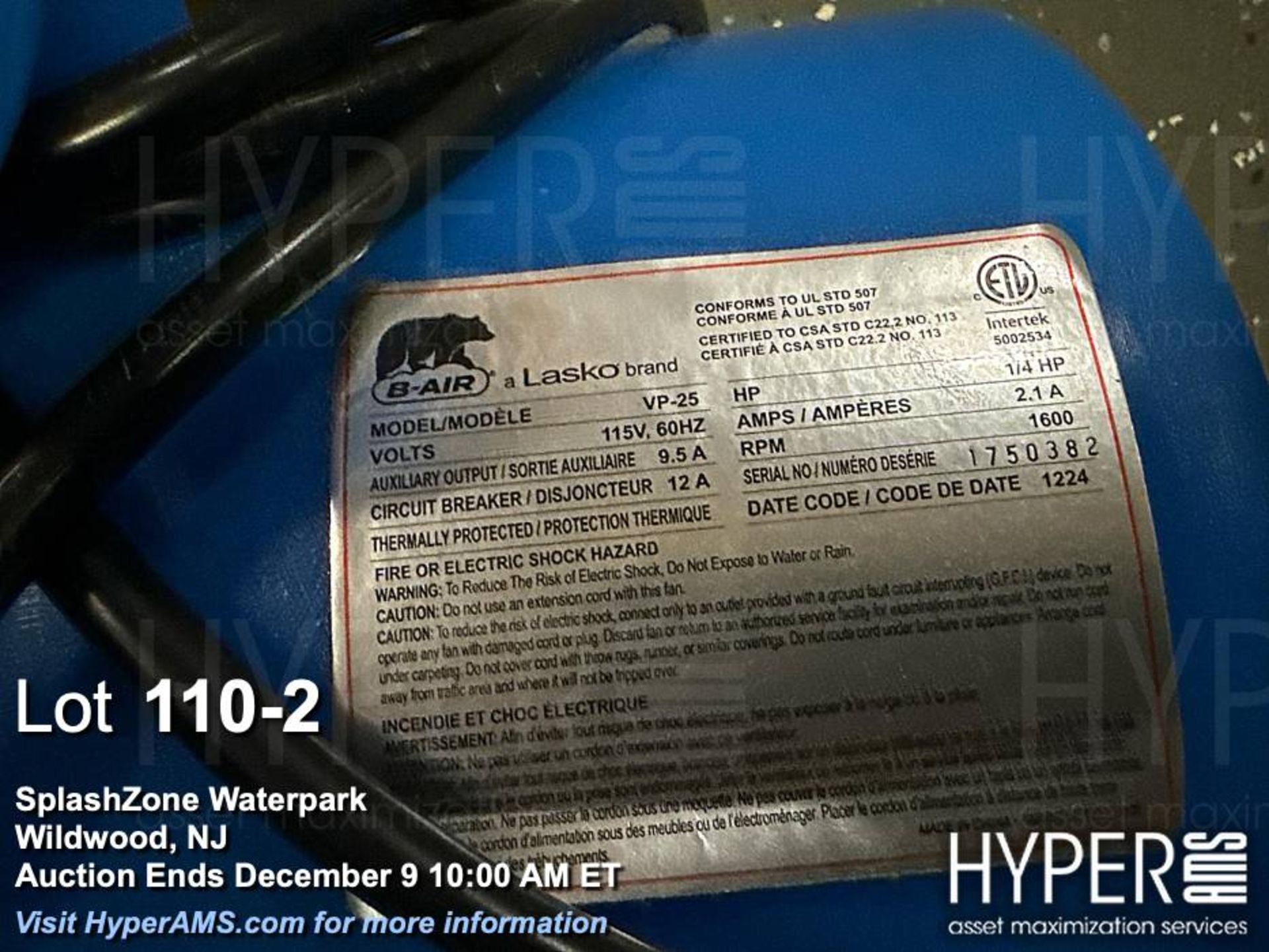 Lot of (3) Utilitech & B-Air VP-25 Air Mover Blower Fans, 1/4 HP, Blue - Image 2 of 3