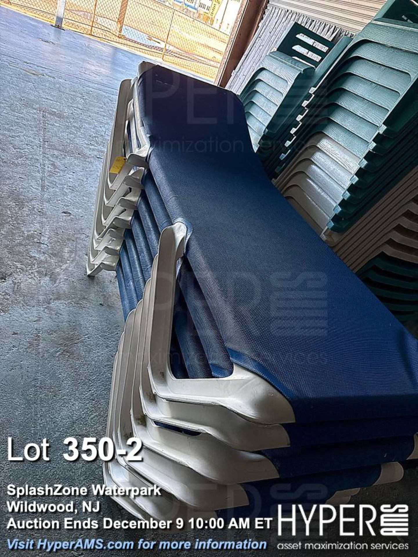 Lot (6) Stackable White and Blue Chaise Lounge Chairs, Plastic Frame, Fabric Seat - Image 2 of 4