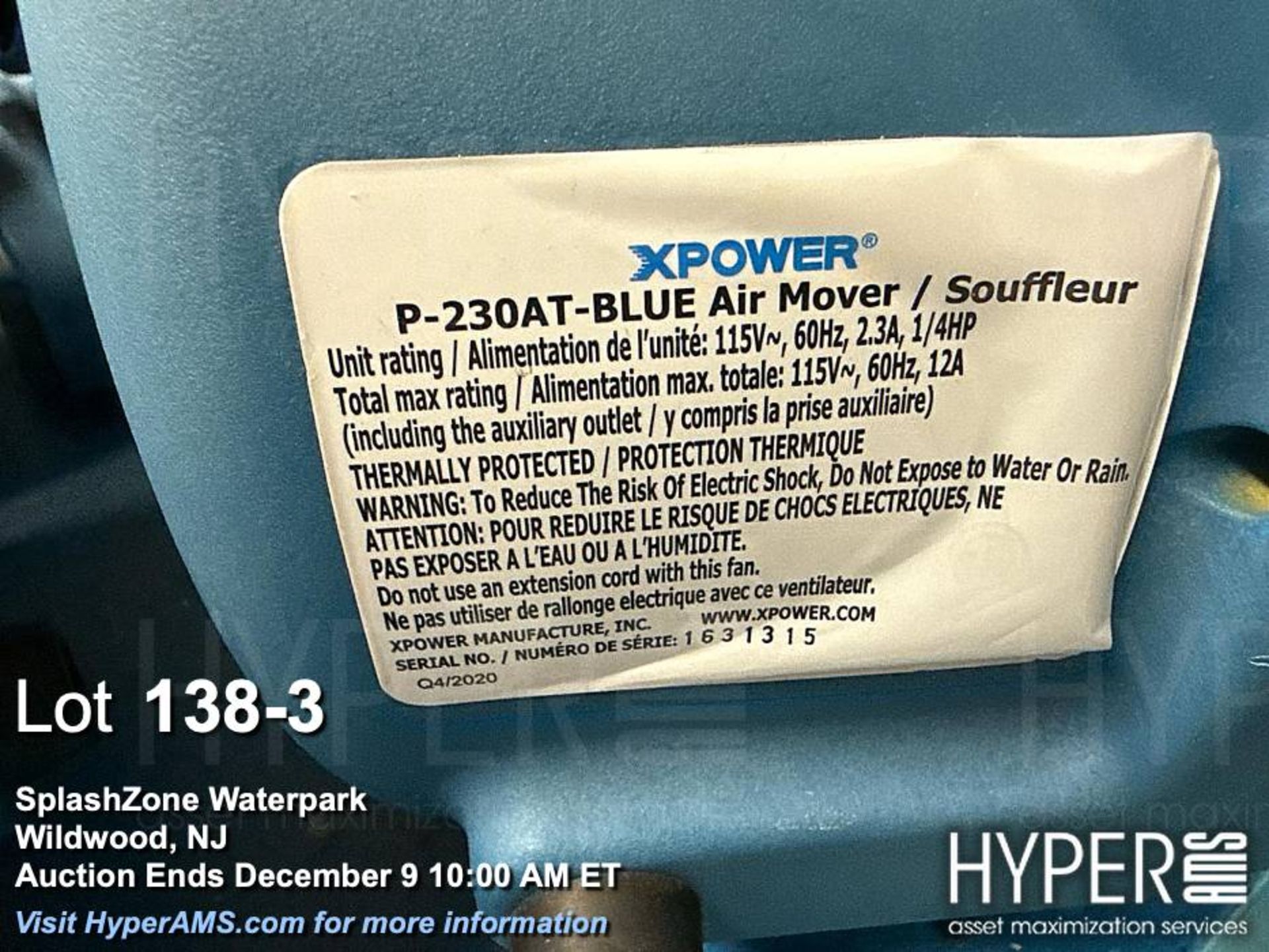 Lot of (4) XPOWER P-230AT-BLUE Air Mover 115V 60Hz 1/4 HP with 3 Speed Settings - Image 3 of 3