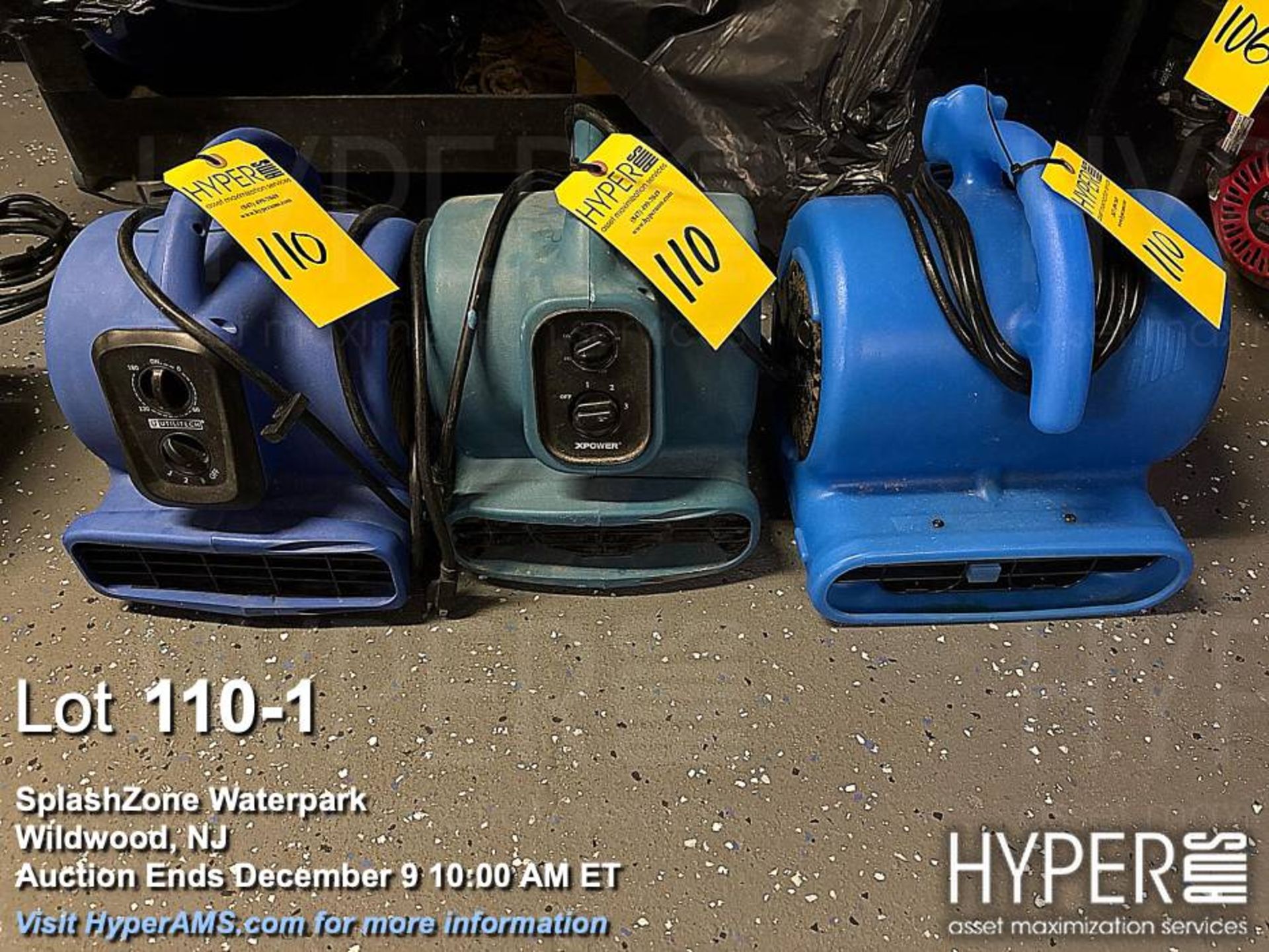 Lot of (3) Utilitech & B-Air VP-25 Air Mover Blower Fans, 1/4 HP, Blue